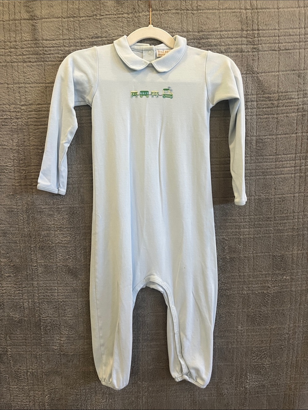 The Beaufort Bonnet Company Light Blue Long-Sleeve Footie with Train Motif